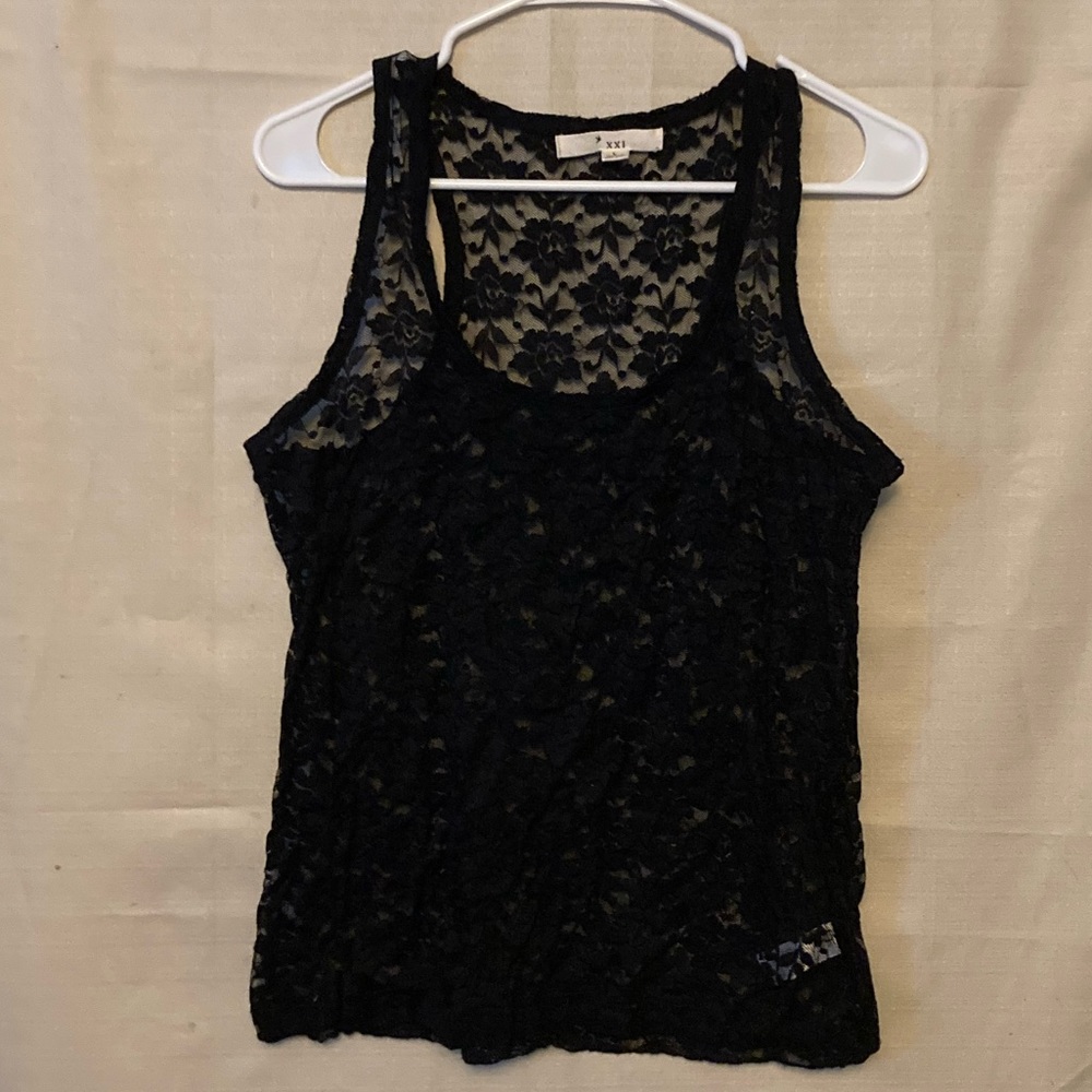 XXI Black lace tank top size large. Perfect for layering. Lovely rose pattern.